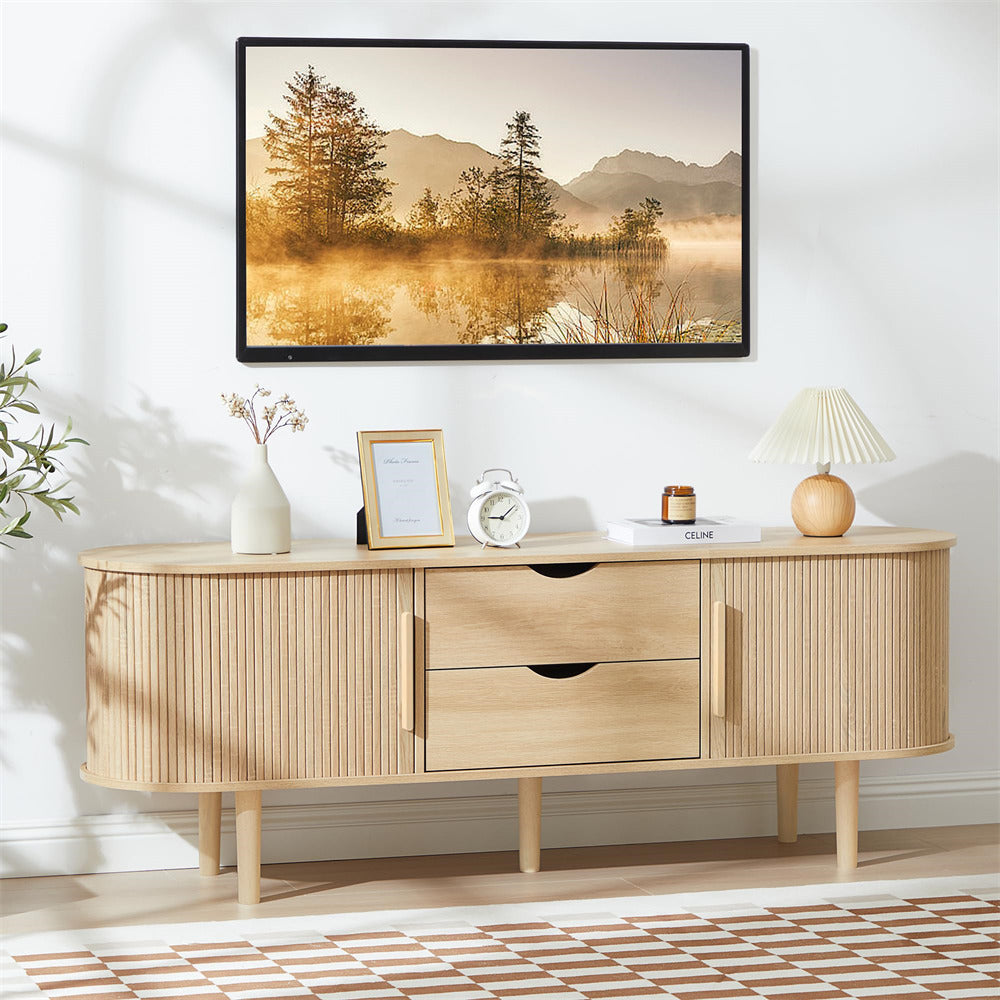 Natural Modern TV Stand Console Table Entertainment Center with Storage Compartment and Sliding Door