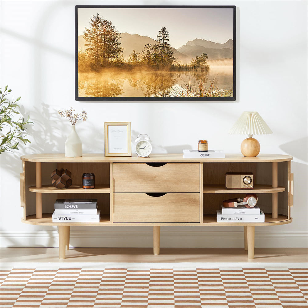 Natural Modern TV Stand Console Table Entertainment Center with Storage Compartment and Sliding Door