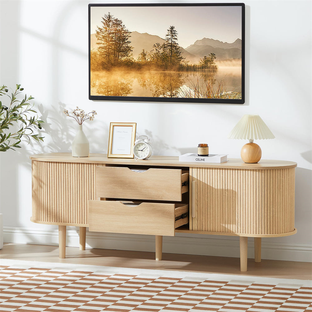 Natural Modern TV Stand Console Table Entertainment Center with Storage Compartment and Sliding Door