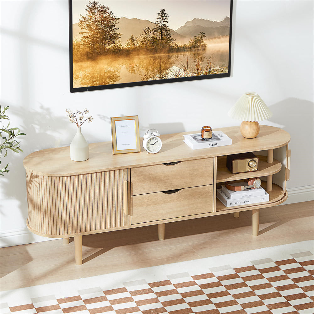 Natural Modern TV Stand Console Table Entertainment Center with Storage Compartment and Sliding Door