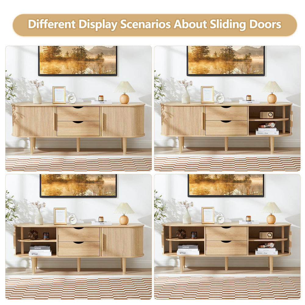Natural Modern TV Stand Console Table Entertainment Center with Storage Compartment and Sliding Door