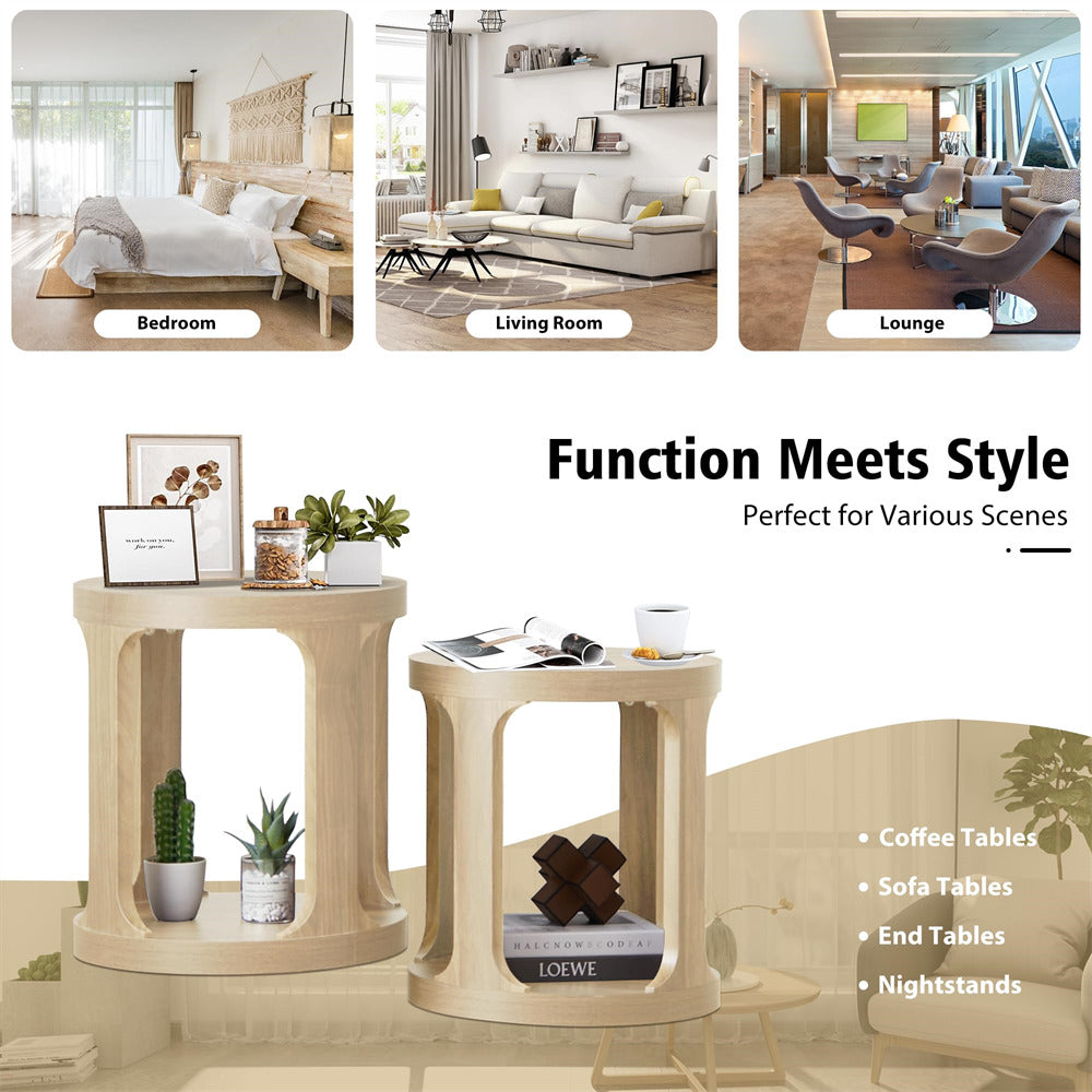 Natural Sofa Side Table Set with 2-Tier Open Storage Shelves