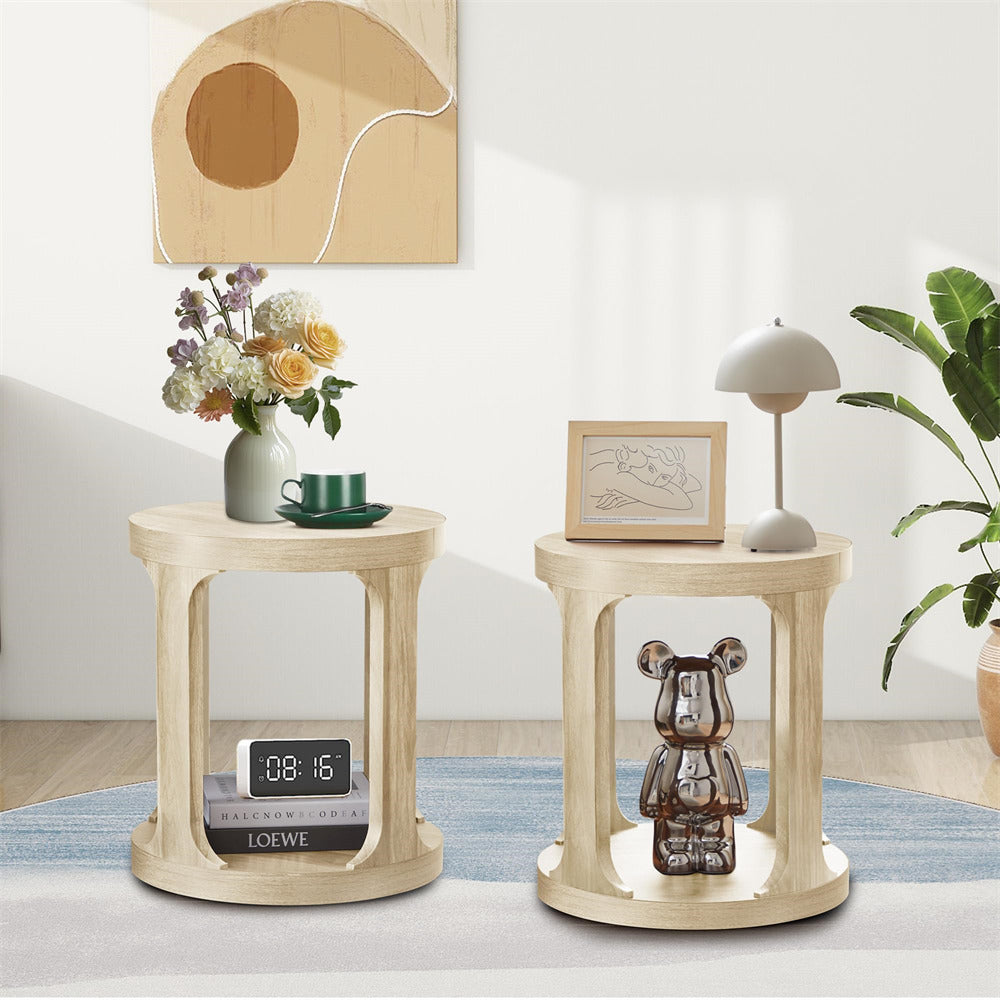 Natural Sofa Side Table Set with 2-Tier Open Storage Shelves