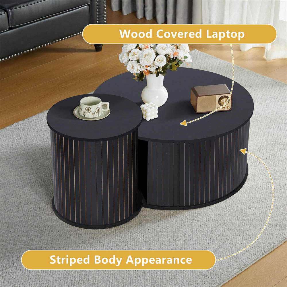 Nesting Coffee Table Set of 2 Circle Side Table Wooden Coffee Table Black