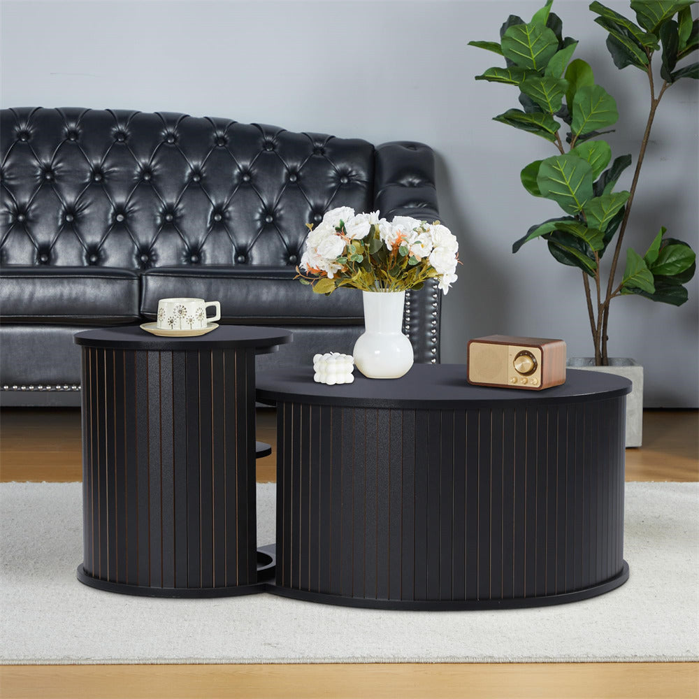 Nesting Coffee Table Set of 2 Circle Side Table Wooden Coffee Table Black