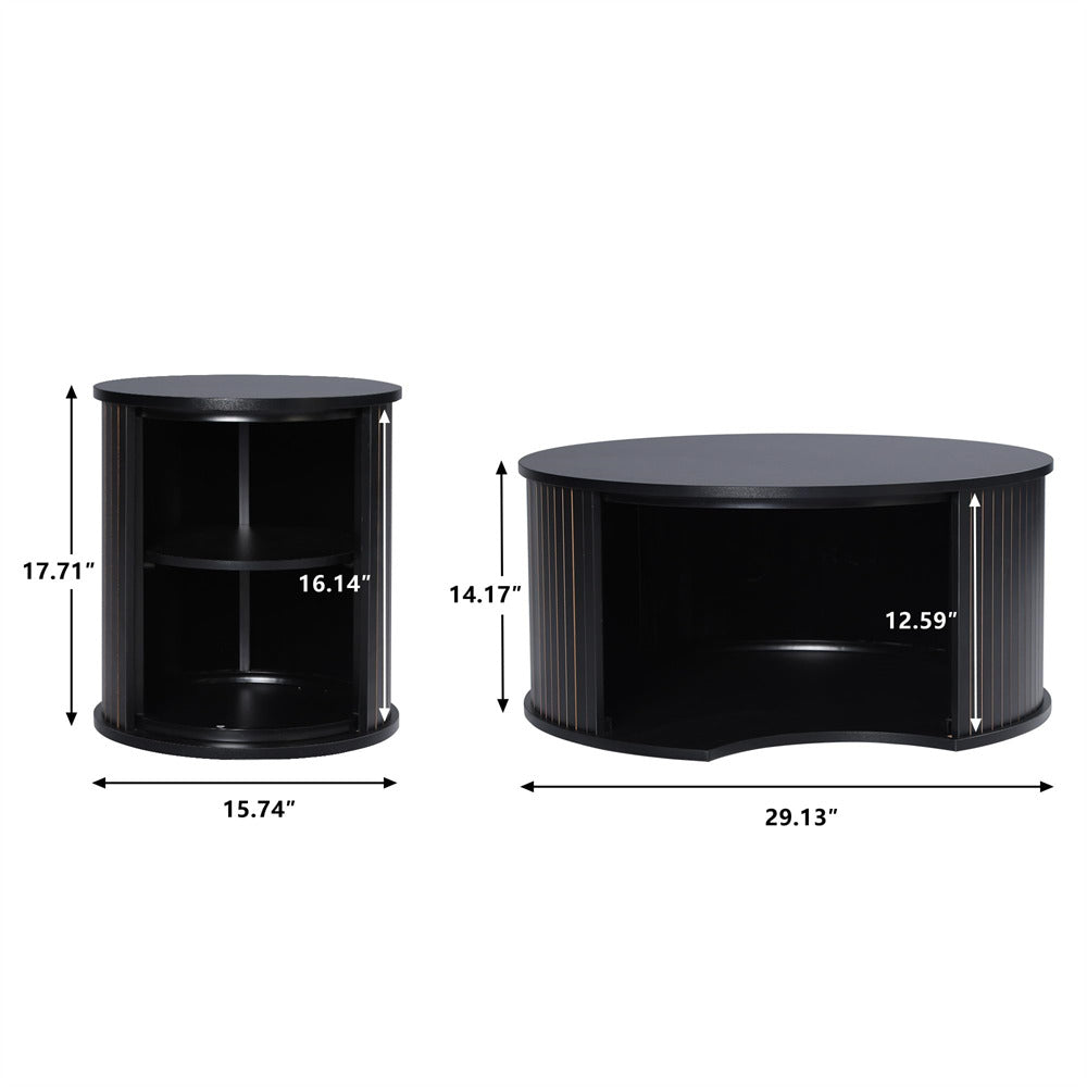 Nesting Coffee Table Set of 2 Circle Side Table Wooden Coffee Table Black