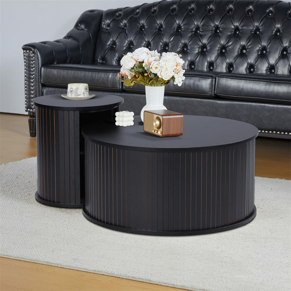 Nesting Coffee Table Set of 2 Circle Side Table Wooden Coffee Table Black