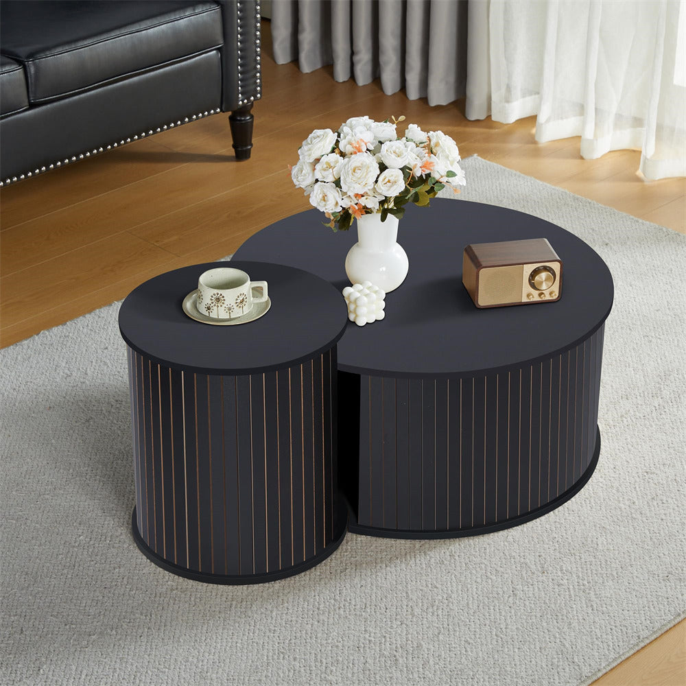 Nesting Coffee Table Set of 2 Circle Side Table Wooden Coffee Table Black