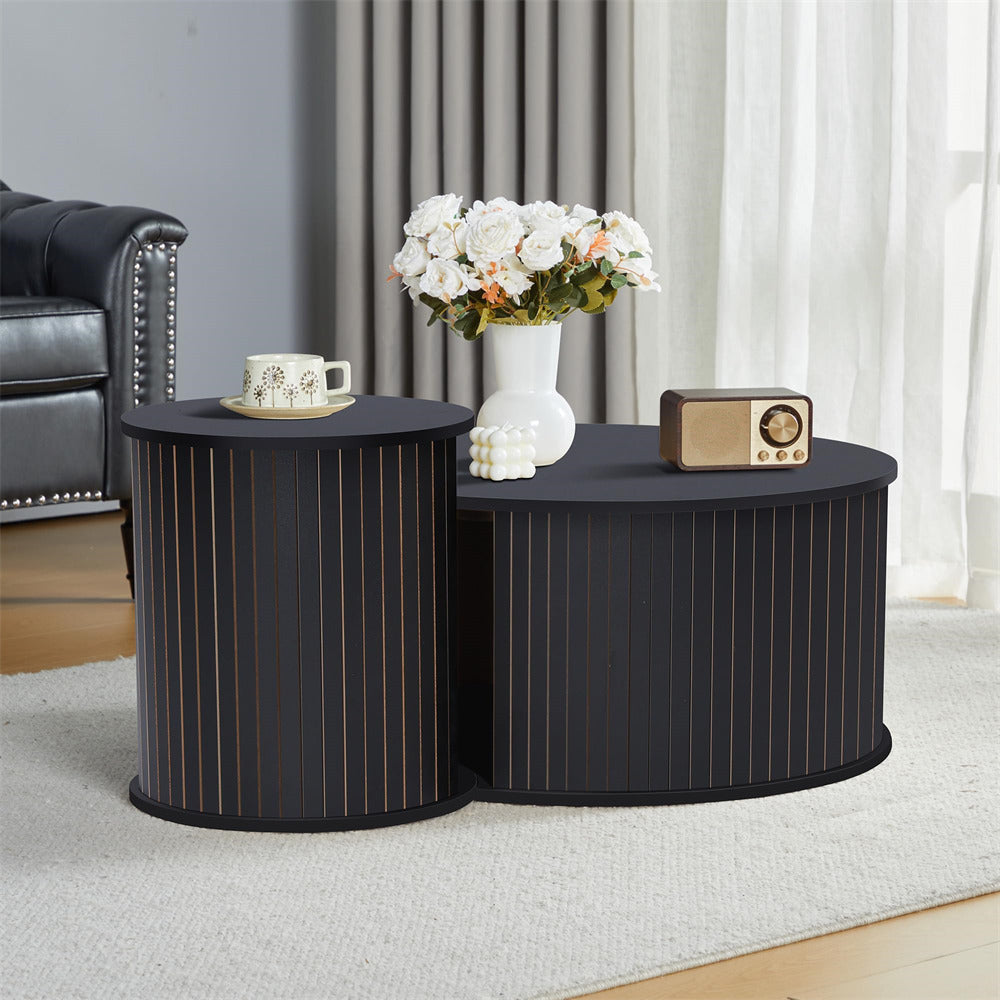 Nesting Coffee Table Set of 2 Circle Side Table Wooden Coffee Table Black