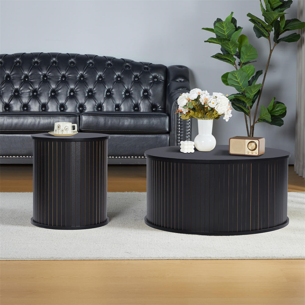 Nesting Coffee Table Set of 2 Circle Side Table Wooden Coffee Table Black