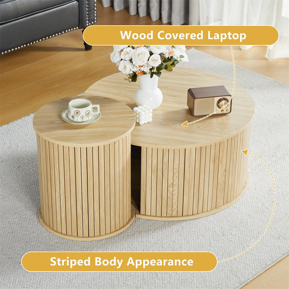 Nesting Coffee Table Set of 2 Circle Side Table Wooden Coffee Table Natural