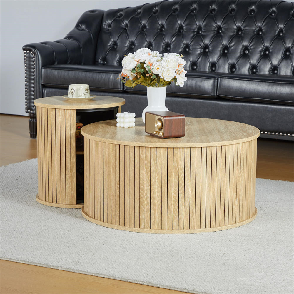 Nesting Coffee Table Set of 2 Circle Side Table Wooden Coffee Table Natural
