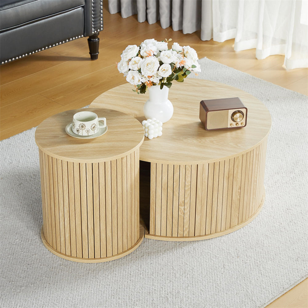 Nesting Coffee Table Set of 2 Circle Side Table Wooden Coffee Table Natural