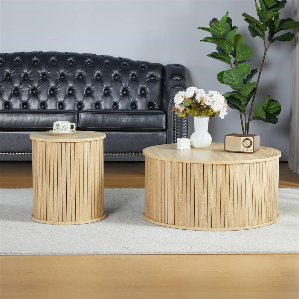 Nesting Coffee Table Set of 2 Circle Side Table Wooden Coffee Table Natural