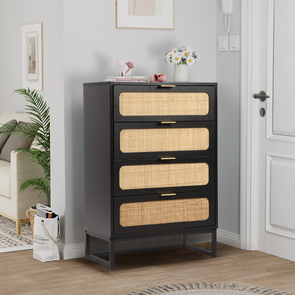 Rattan 4 Drawers Dresser Black Tall Chest of Drawers with Metal Legs