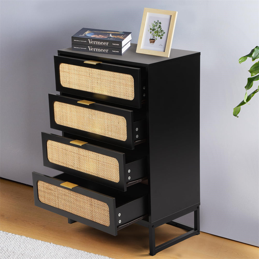 Rattan 4 Drawers Dresser Black Tall Chest of Drawers with Metal Legs