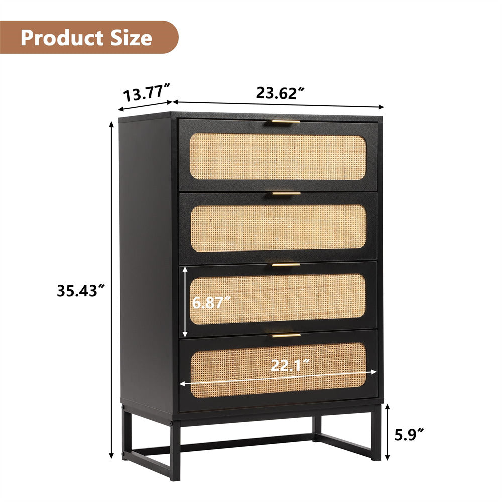 Rattan 4 Drawers Dresser Black Tall Chest of Drawers with Metal Legs