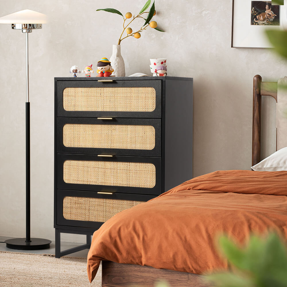 Rattan 4 Drawers Dresser Black Tall Chest of Drawers with Metal Legs