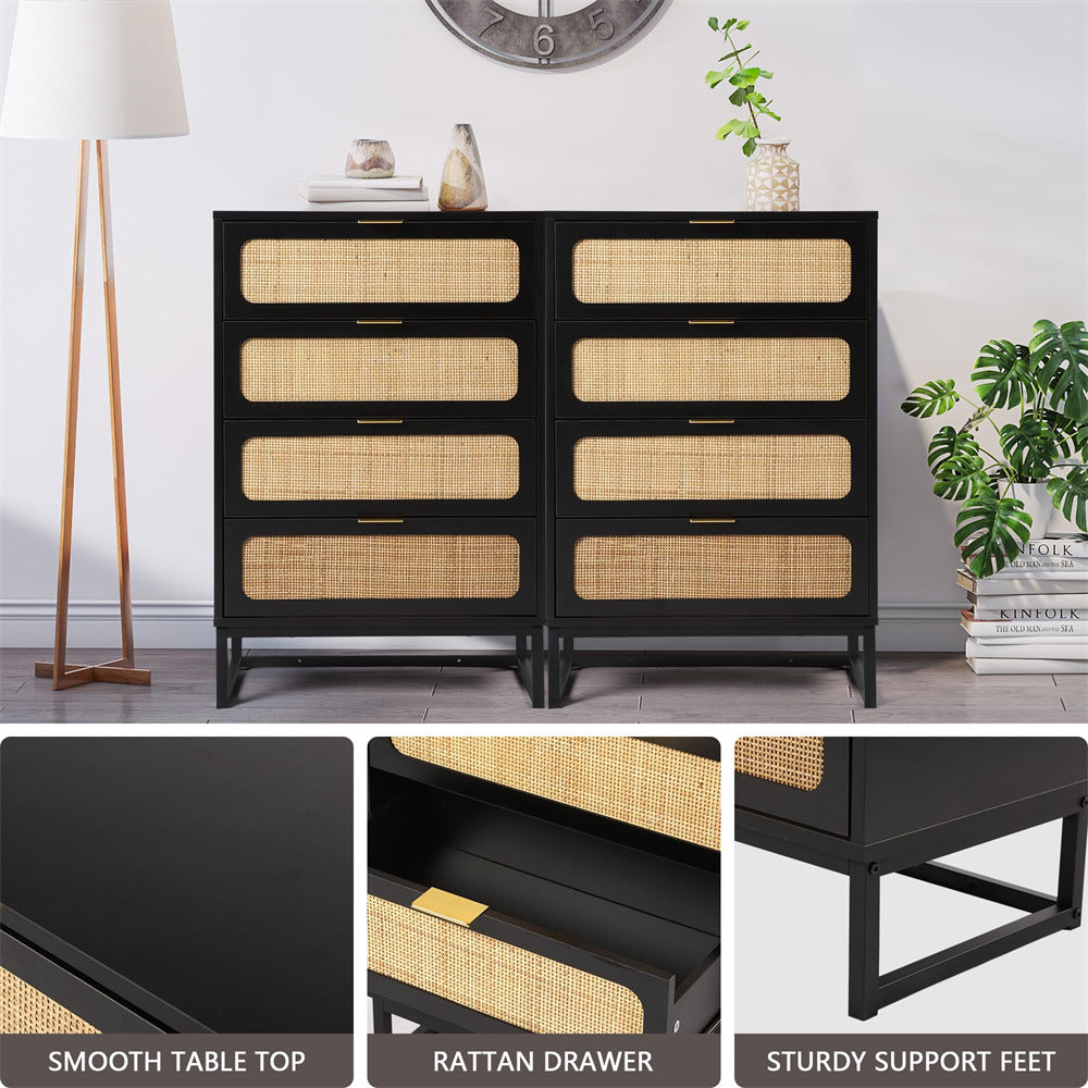 Rattan 4 Drawers Dresser Black Tall Chest of Drawers with Metal Legs