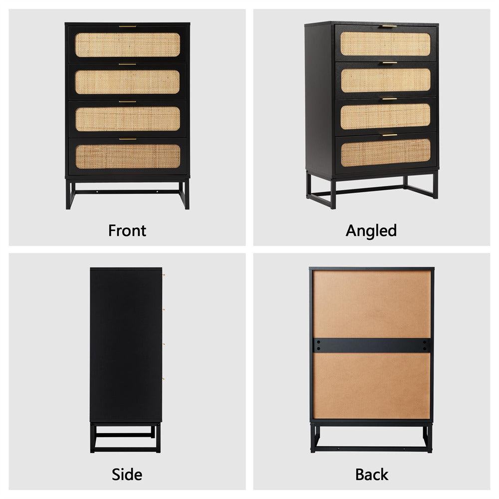 Rattan 4 Drawers Dresser Black Tall Chest of Drawers with Metal Legs