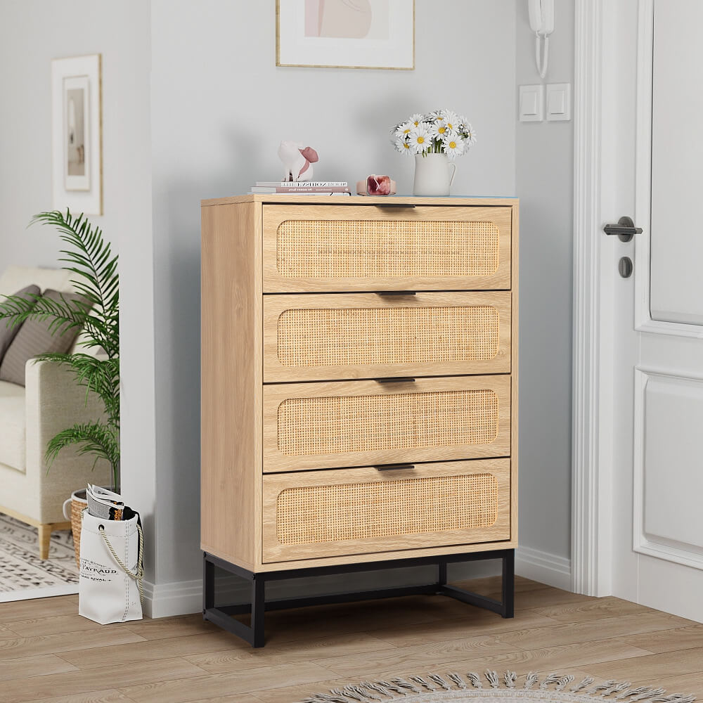 Rattan 4 Drawers Dresser Natural Tall Chest of Drawers with Metal Legs