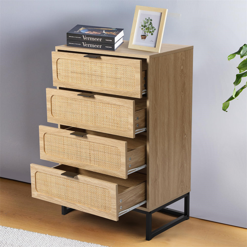 Rattan 4 Drawers Dresser Natural Tall Chest of Drawers with Metal Legs