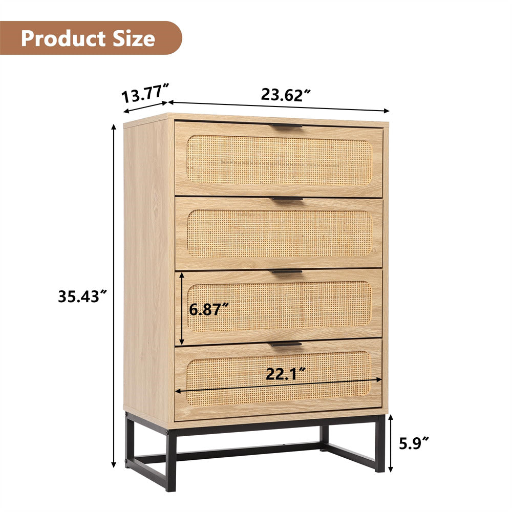 Rattan 4 Drawers Dresser Natural Tall Chest of Drawers with Metal Legs