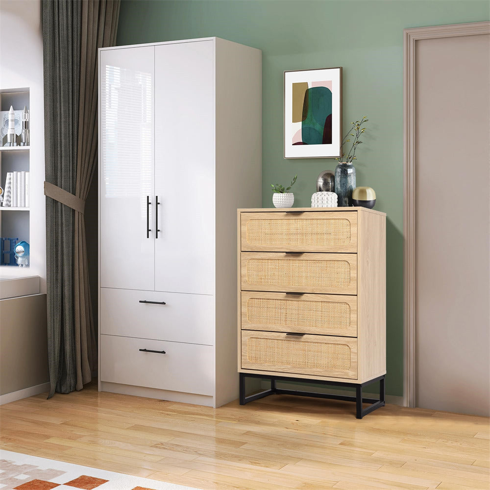 Rattan 4 Drawers Dresser Natural Tall Chest of Drawers with Metal Legs
