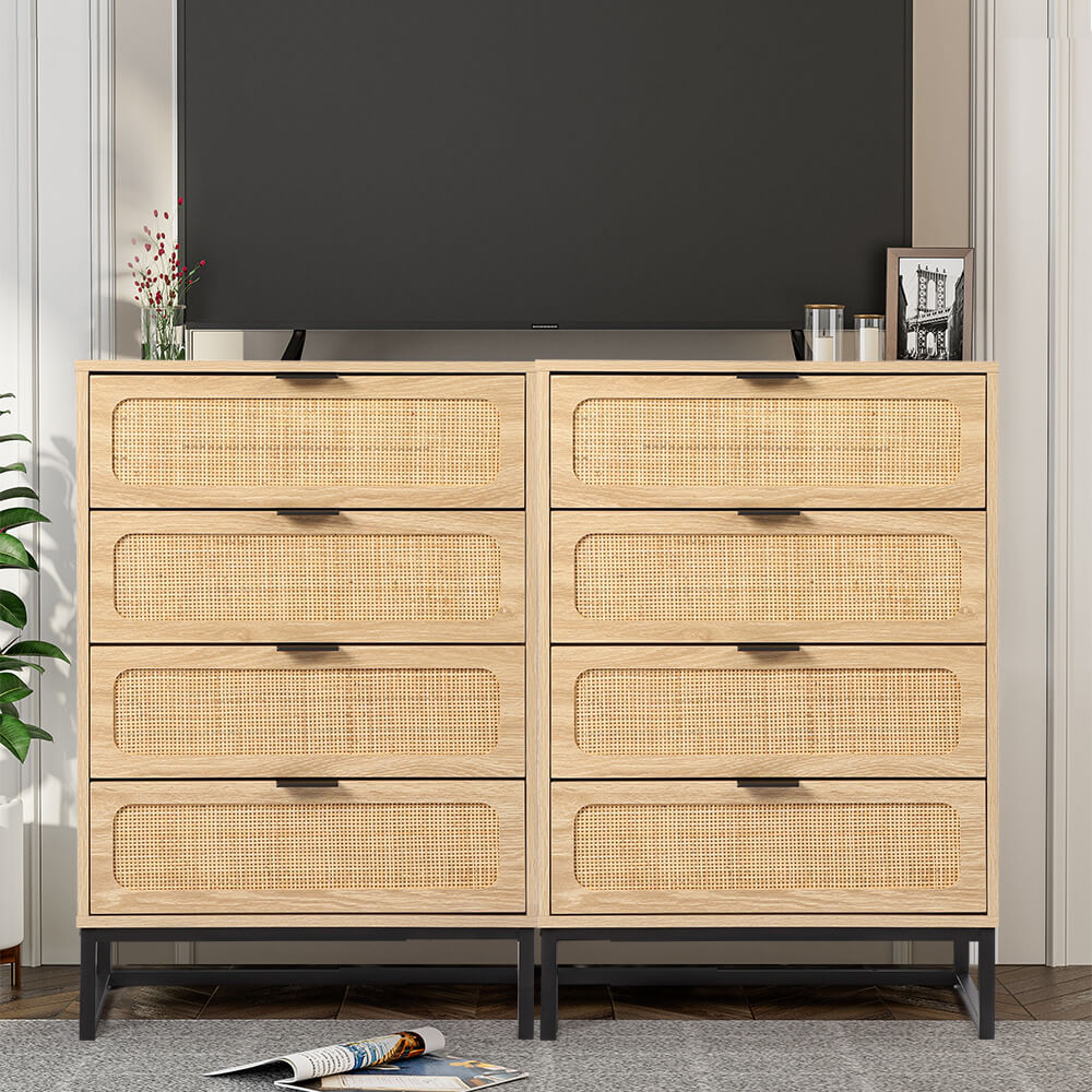 Rattan 4 Drawers Dresser Natural Tall Chest of Drawers with Metal Legs