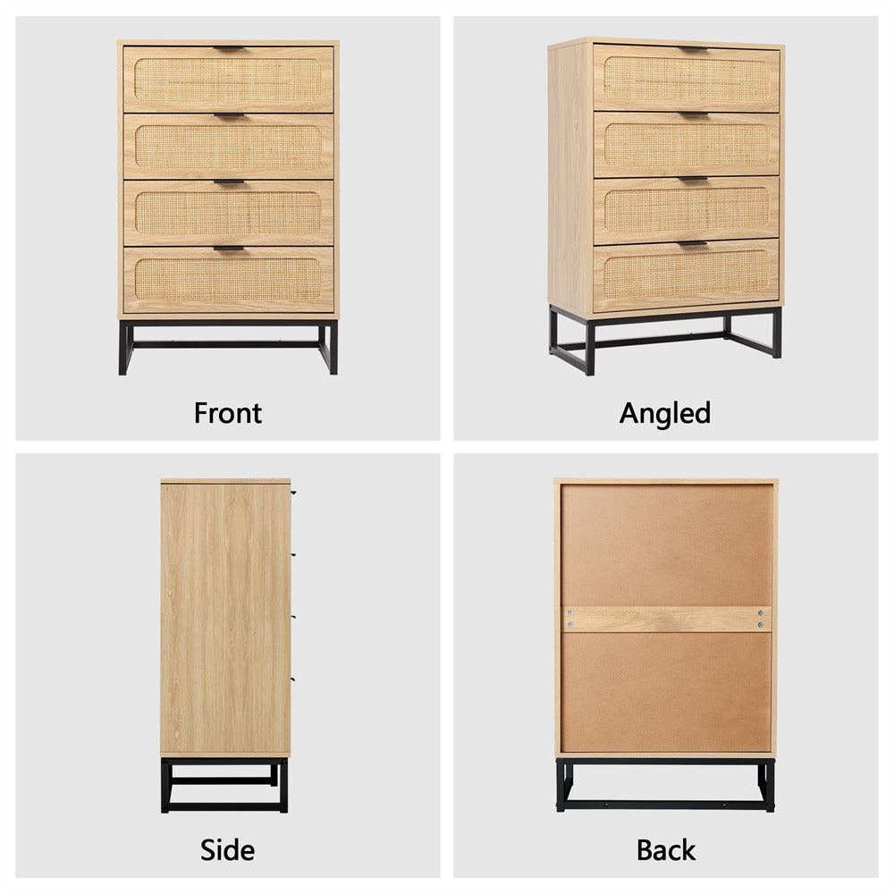 Rattan 4 Drawers Dresser Natural Tall Chest of Drawers with Metal Legs