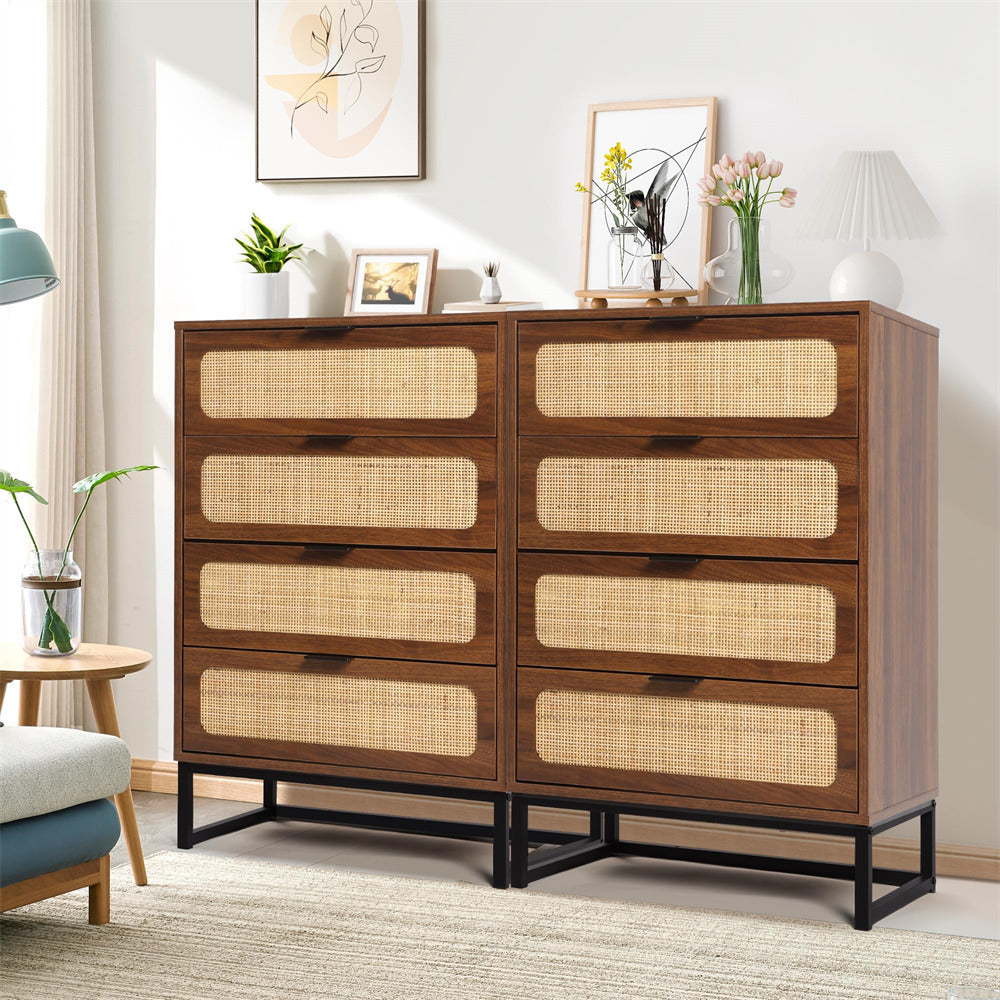 Rattan 4 Drawers Dresser Walnut Tall Chest of Drawers with Metal Legs