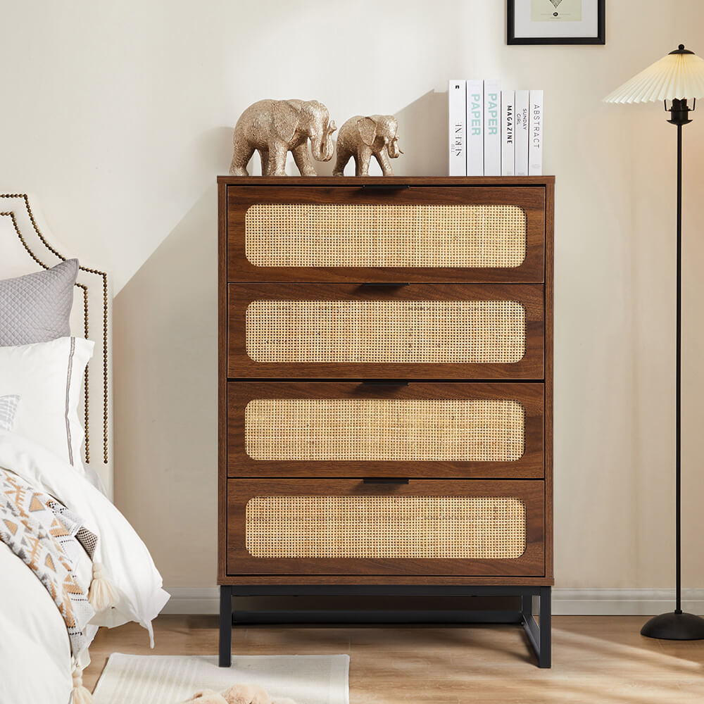 Rattan 4 Drawers Dresser Walnut Tall Chest of Drawers with Metal Legs