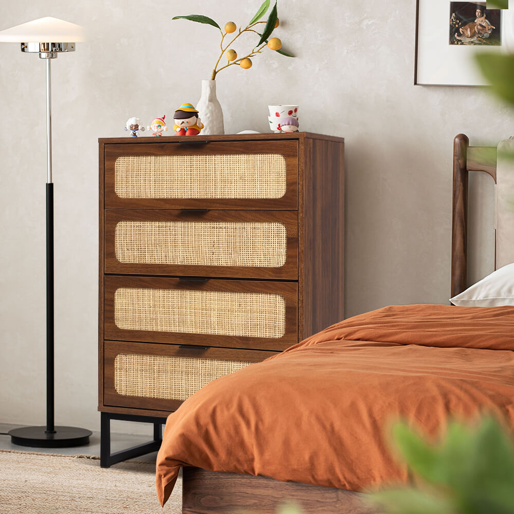 Rattan 4 Drawers Dresser Walnut Tall Chest of Drawers with Metal Legs