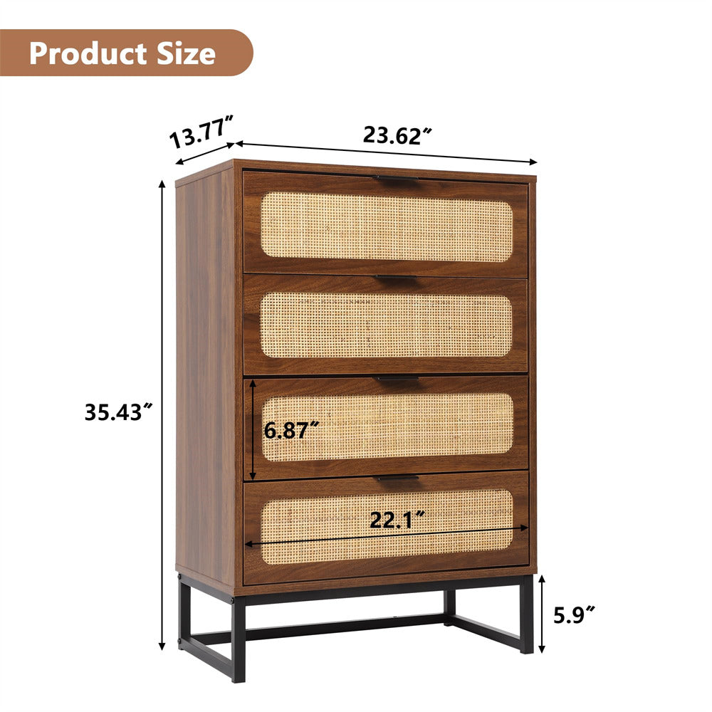 Rattan 4 Drawers Dresser Walnut Tall Chest of Drawers with Metal Legs