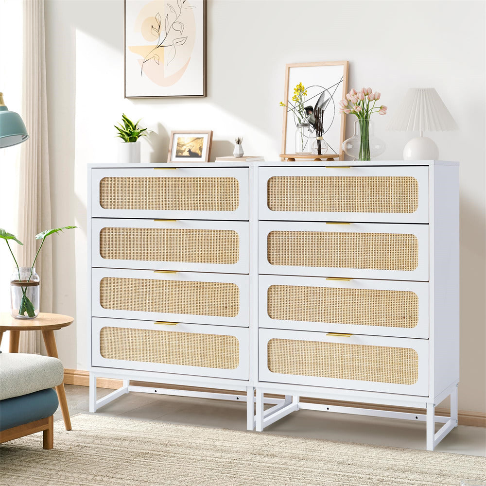 Rattan 4 Drawers Dresser White Tall Chest of Drawers with Metal Legs