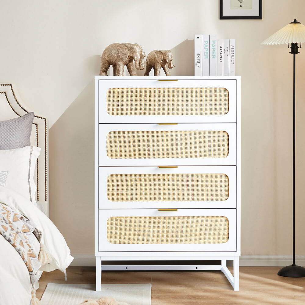 Rattan 4 Drawers Dresser White Tall Chest of Drawers with Metal Legs