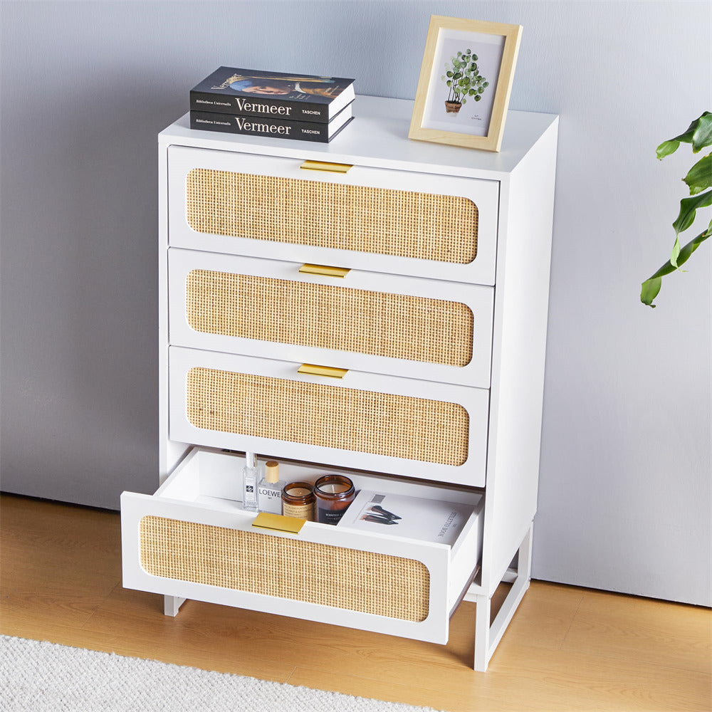 Rattan 4 Drawers Dresser White Tall Chest of Drawers with Metal Legs
