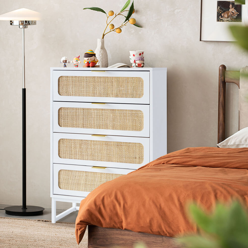 Rattan 4 Drawers Dresser White Tall Chest of Drawers with Metal Legs