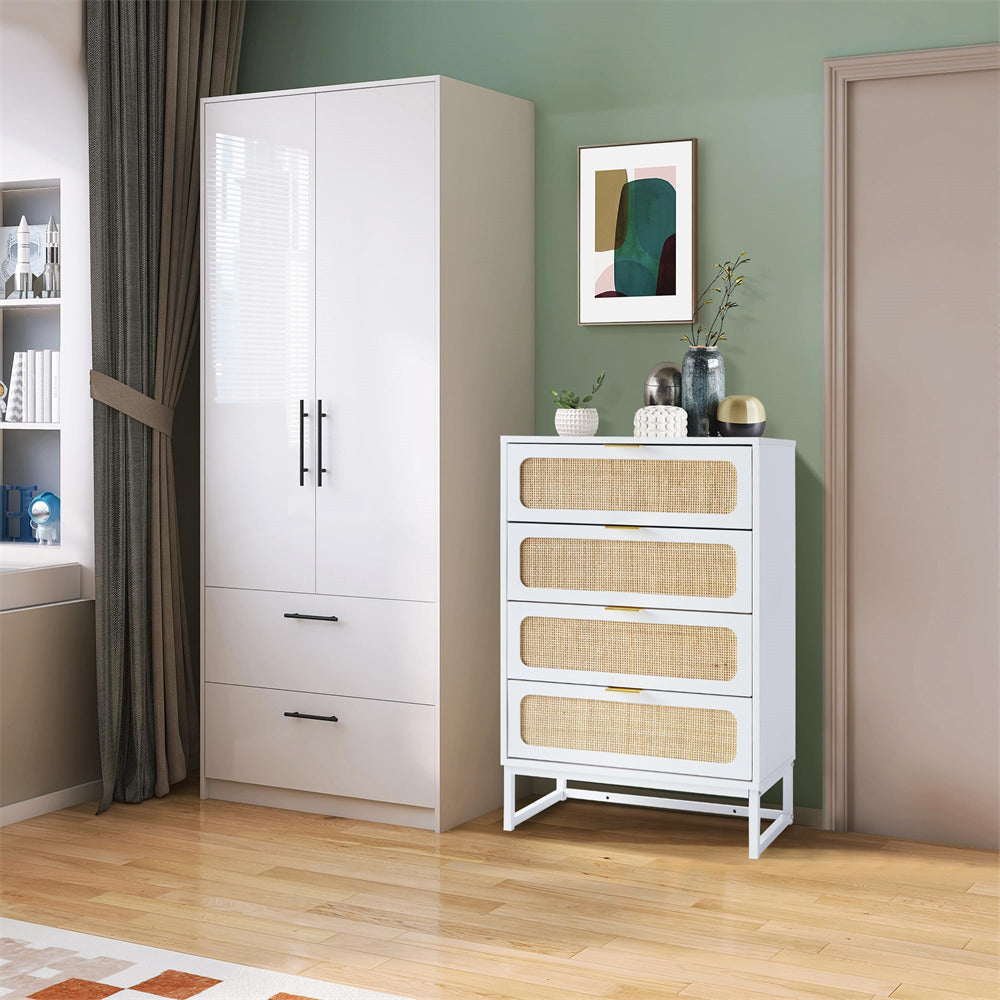 Rattan 4 Drawers Dresser White Tall Chest of Drawers with Metal Legs