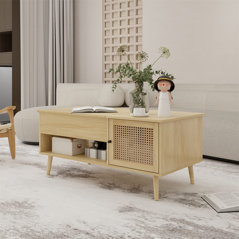 Rattan Lift Top Coffee Table Natural with Adjustable Storage Shelf and Storage