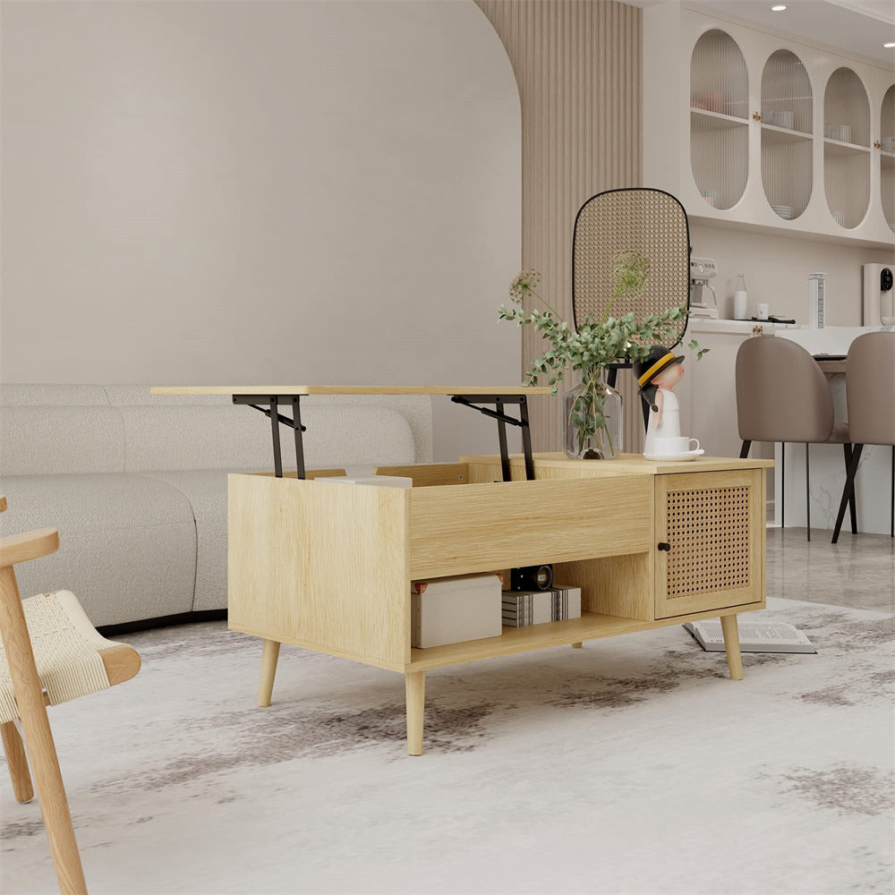 Rattan Lift Top Coffee Table Natural with Adjustable Storage Shelf and Storage