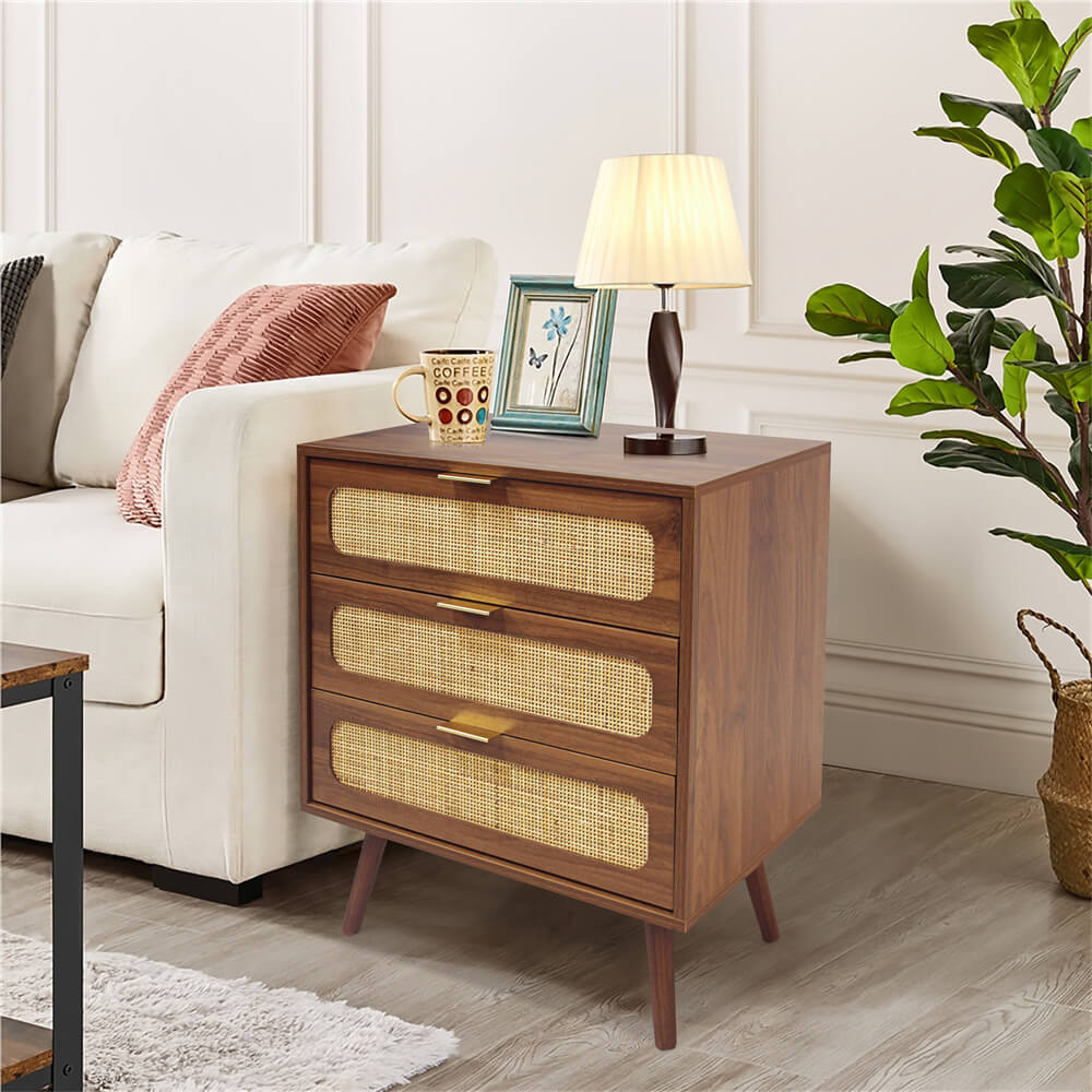 Rattan Nightstand Dresser Table Walnut with 3 Drawers