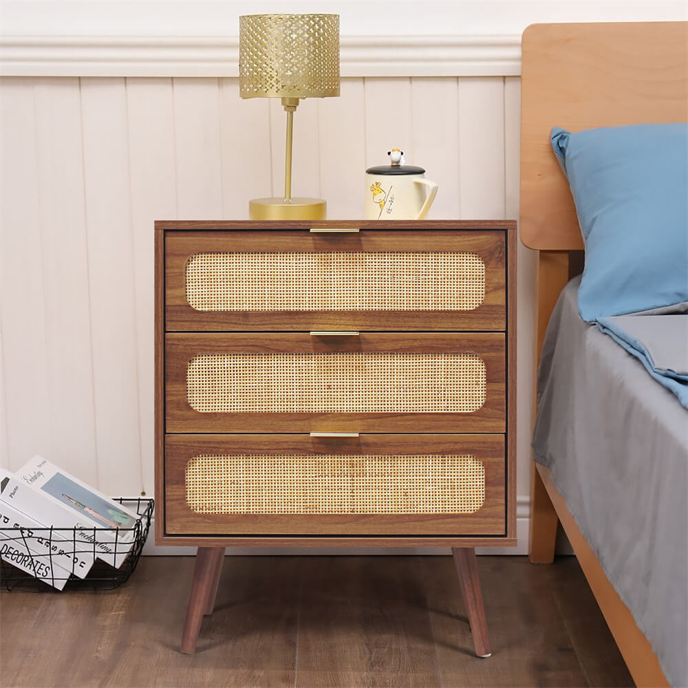 Rattan Nightstand Dresser Table Walnut with 3 Drawers