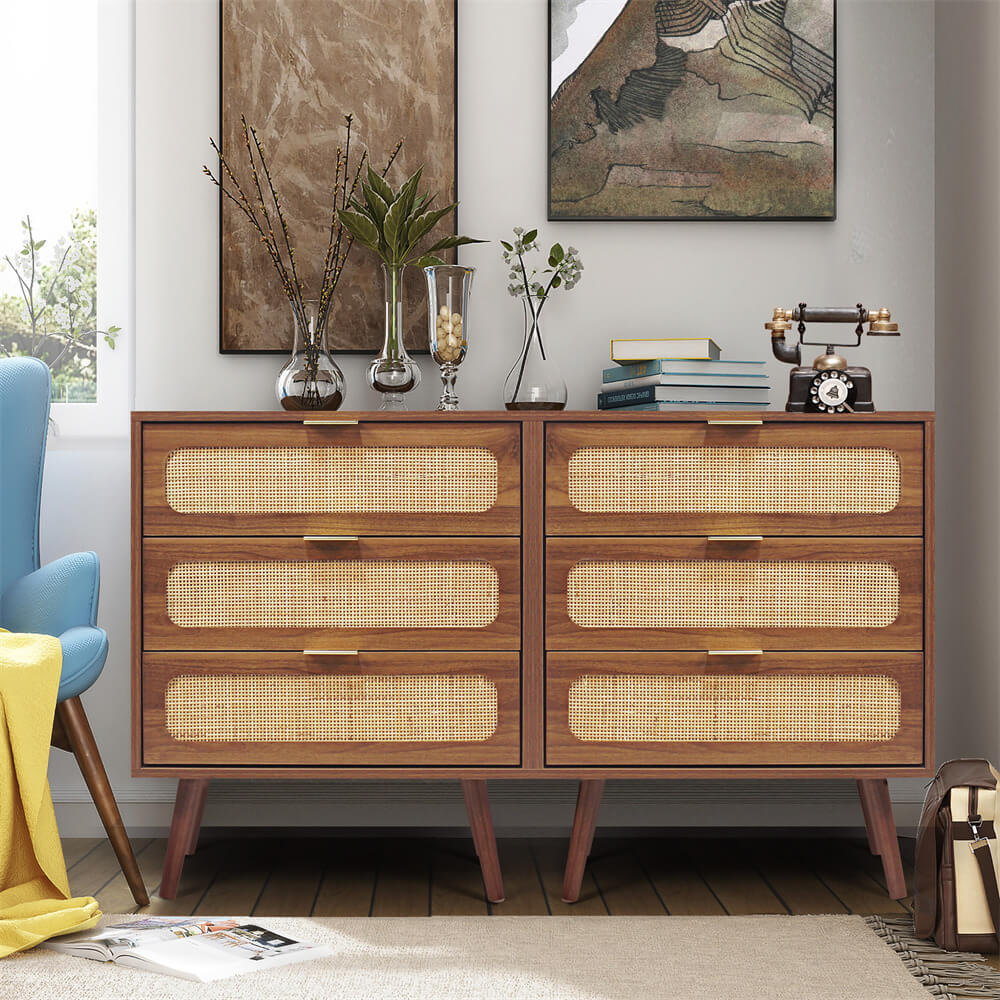 Rattan Nightstand Dresser Table Walnut with 3 Drawers