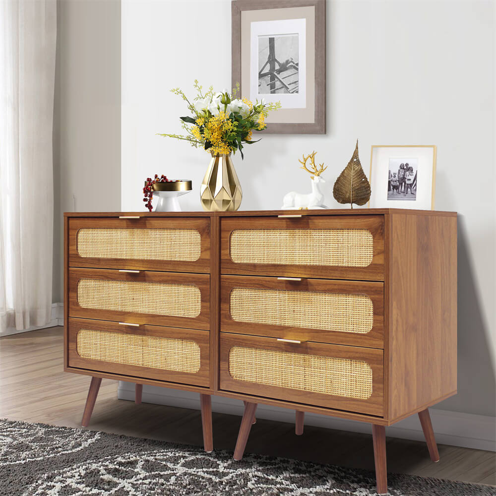 Rattan Nightstand Dresser Table Walnut with 3 Drawers