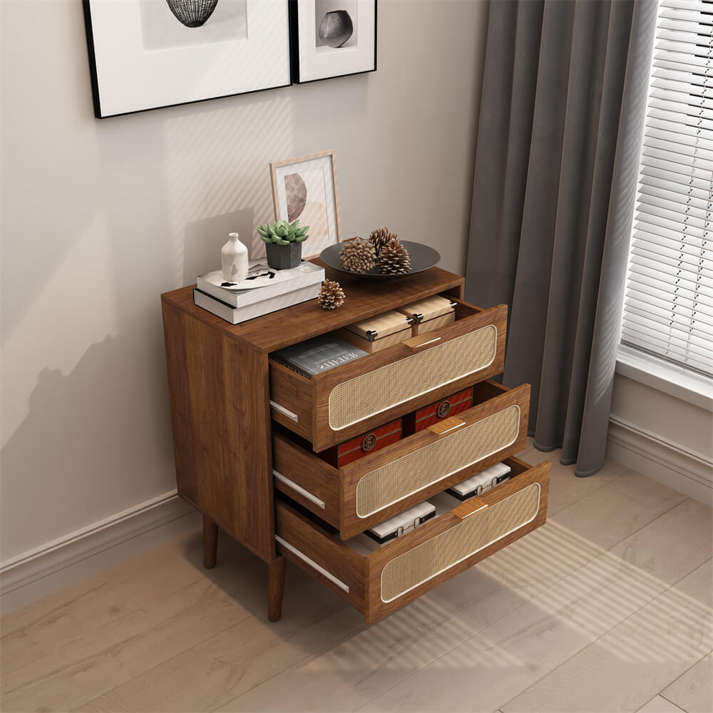 Rattan Nightstand Dresser Table Walnut with 3 Drawers