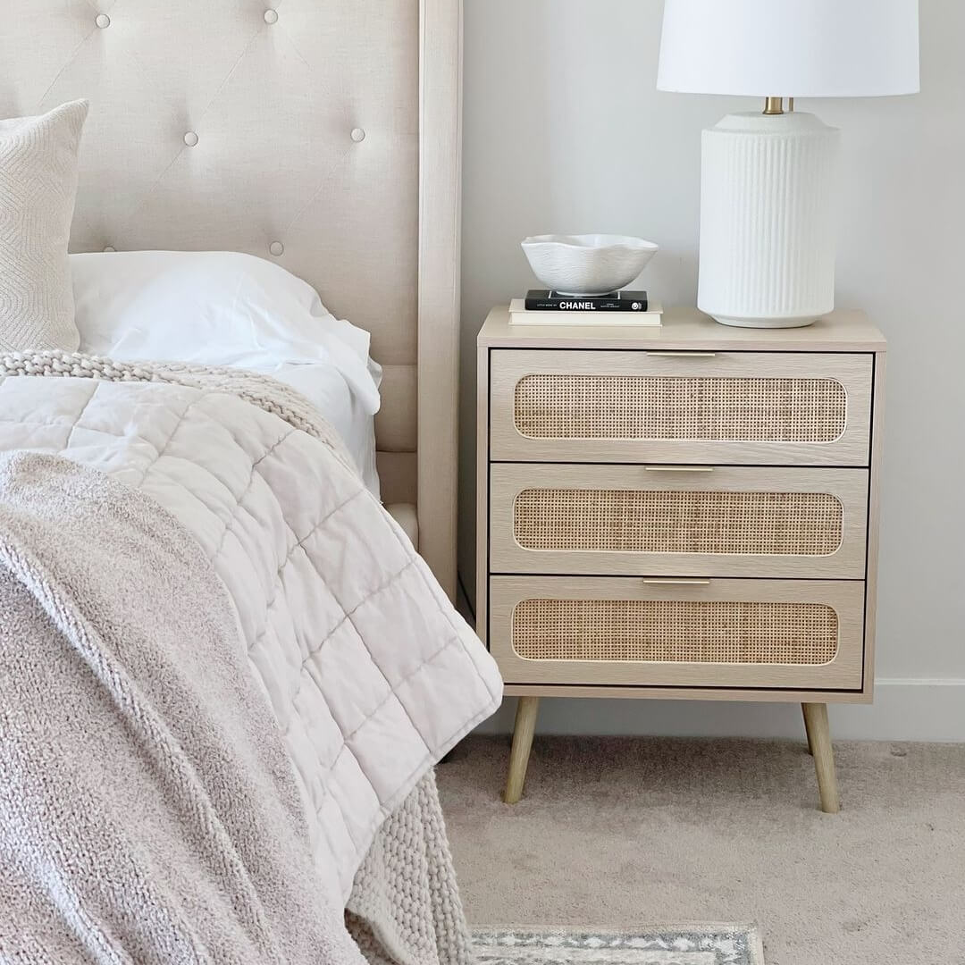 Rattan Nightstand Dresser Table Wood Color with 3 Drawers