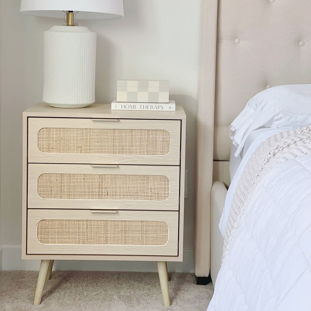 Rattan Nightstand Dresser Table Wood Color with 3 Drawers