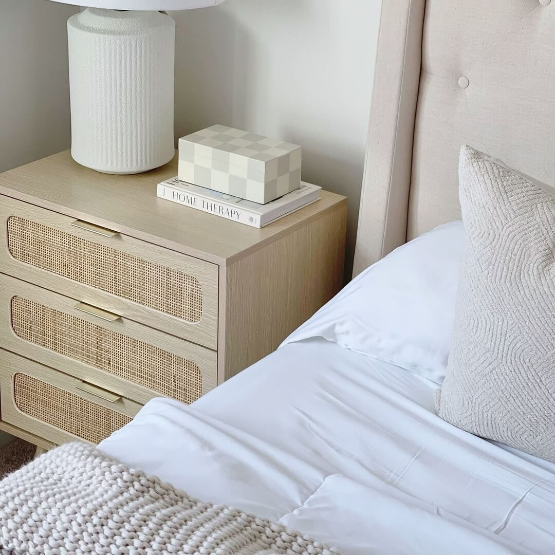Rattan Nightstand Dresser Table Wood Color with 3 Drawers