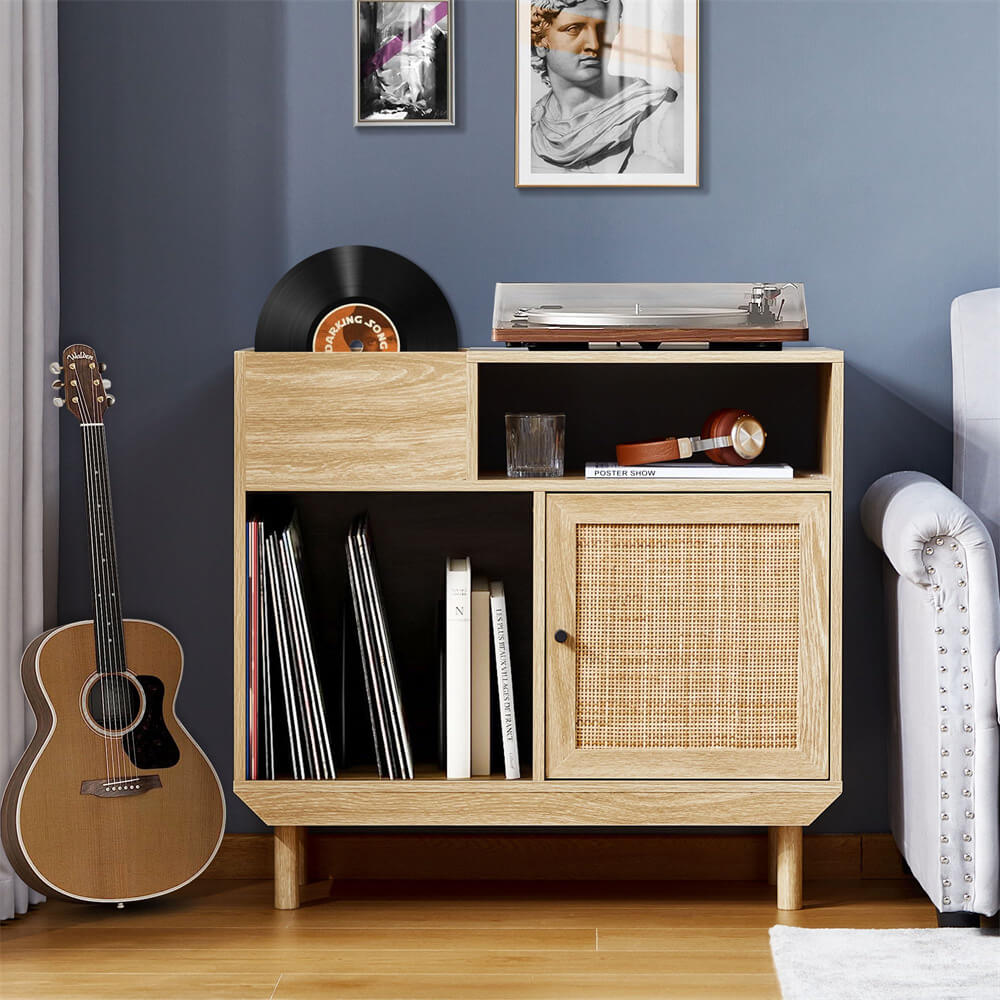 Rattan Record Player Stand Turntable Stand with Record Storage